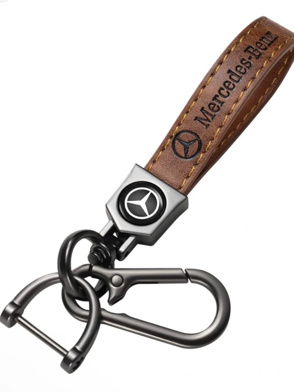 Keychain Brown Leather | Mercedes Benz with Metal Clip